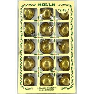 Vintage Holly Decorations Gold Glass Christmas Ball Ornaments 1.75" Box of 15